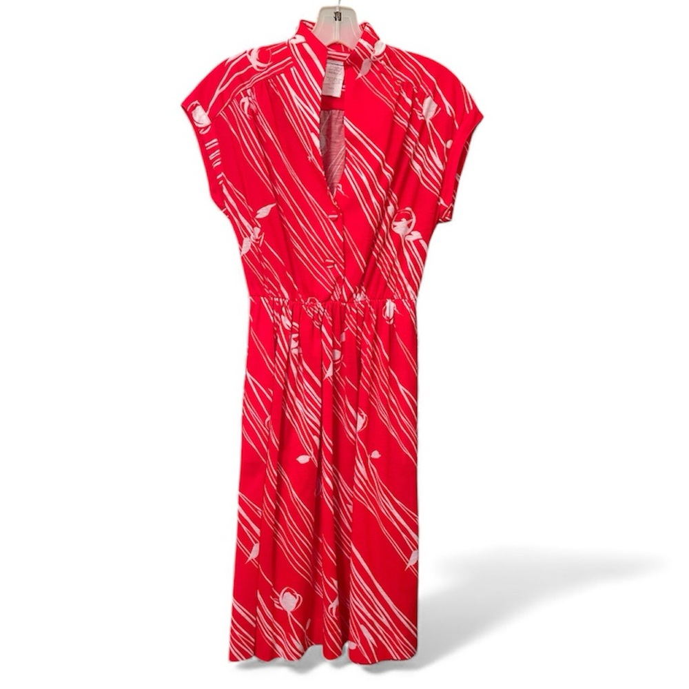 Vintage late 70s/early 80s Red Midi Dress with V-neck, matching belt and pockets - Picture 7 of 8